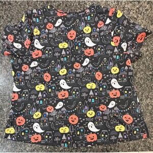 Koi Basics Women Halloween Scrub Top Black 2X Ghost Pumpkin Haunted House V-Neck